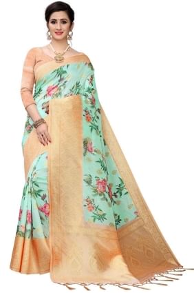 Silk Digital print Mint green  Saree with Blouse SR25599