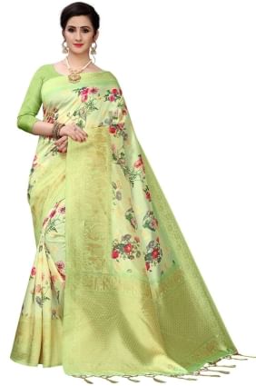 Digital print Silk Saree in Lemon green  with Blouse SR25600