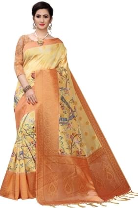 Golden multicolour  Silk Saree with Digital print SR25601