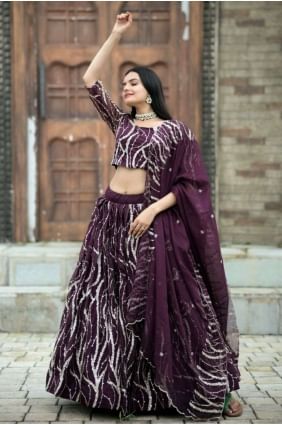 Silk Wine  Party Lehenga Choli in Embroidered LC7312