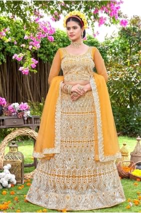 Wedding Lehenga Choli in Yellow Net with Embroidered LC7314