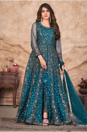 Net Anarkali Suit in Teal  with Embroidered AS3754