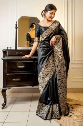 Black Saree in Raw silk with Weaving SR25671