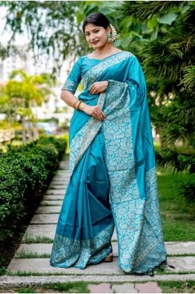 Firozi  Saree in Raw silk with Weaving SR25674