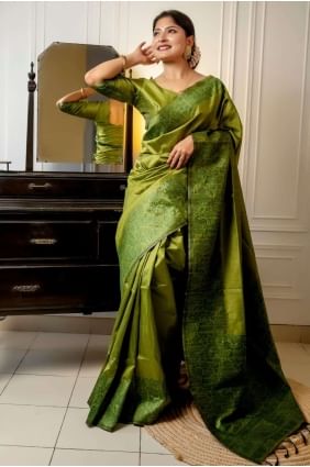 Olive  Saree in Raw silk with Weaving SR25678