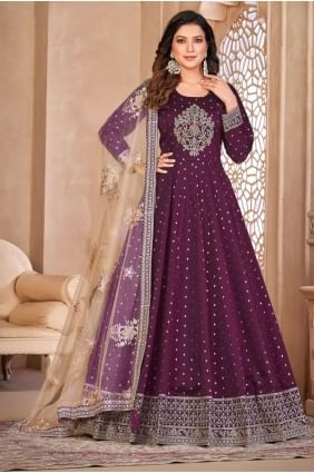 Embroidered Taffeta Anarkali Suit in Wine  with Dupatta AS3763