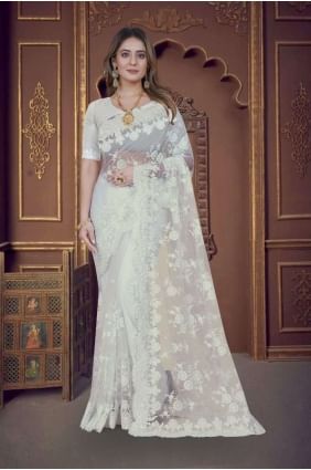 Saree with White  Embroidered Net SR25718