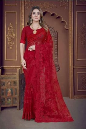 Saree Red  in Net with Embroidered SR25719