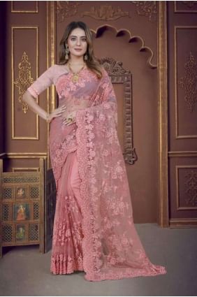 Embroidered  Dusty gajari  Saree in Net SR25721