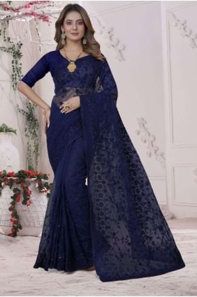 Embroidered Wedding Saree in Navy  Net SR25748