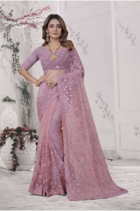 Dusty pink  Wedding Saree with Embroidered Net SR25749