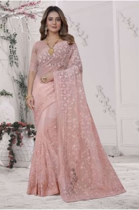 Net Dusty peach  Wedding Saree in Embroidered SR25750