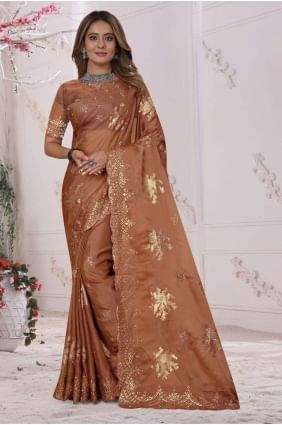Rust brown Organza soft silk Saree with  Embroidered SR25762