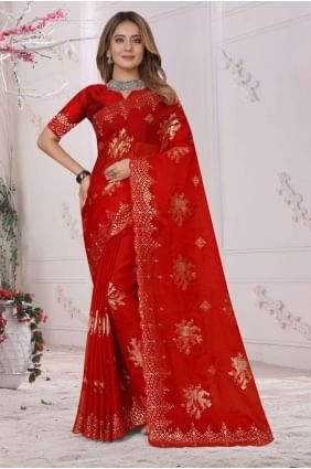 Red Organza Soft Saree With Embroidered SR25763