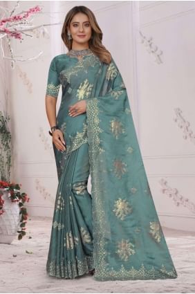 Dusty sky  Organza Saree with Embroidered SR25764