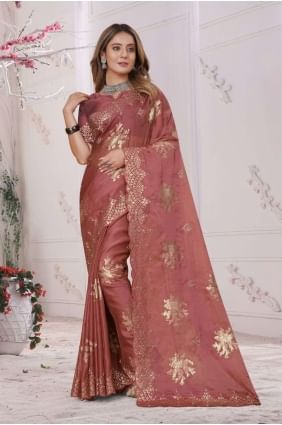 Rose peach red  Organza Saree with Embroidered SR25766