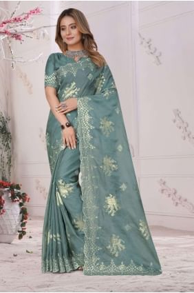 Organza Dusty firozi blue Saree with Embroidered SR25767