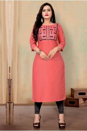 Pink Embroidered Cotton Kurti KTI2259