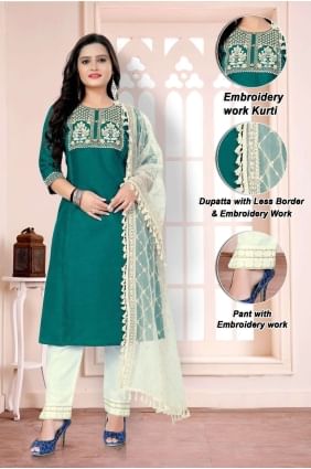 Embroidered Cotton Turquoise blue Straight Pant Suit with Dupatta SK153792