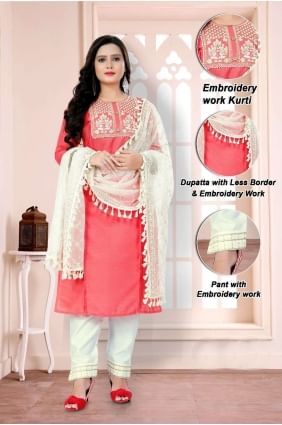 Cotton Coral pink Straight Pant Suit  with Embroidered SK153793