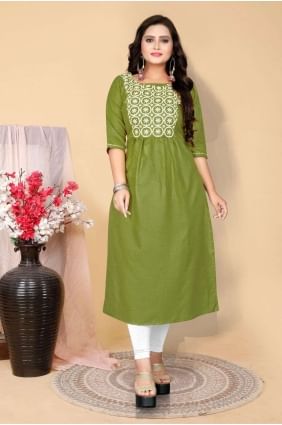 Cotton Mahendi green Kurti with Embroidered KTI2284