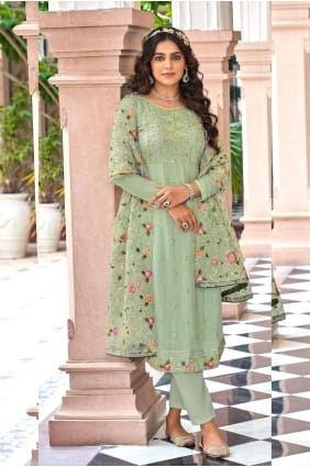 Straight Pant Suit in Green Georgette with Embroidered SK153864
