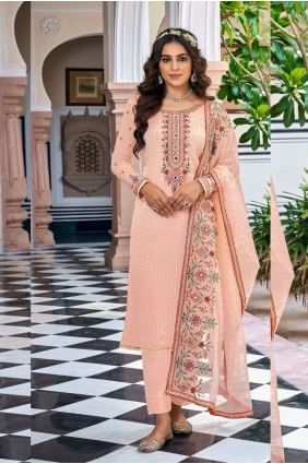 Peach Straight Pant Suit in Georgette with Embroidered SK153865