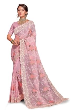 Georgette Embroidered  Pink Saree with Blouse SR25903