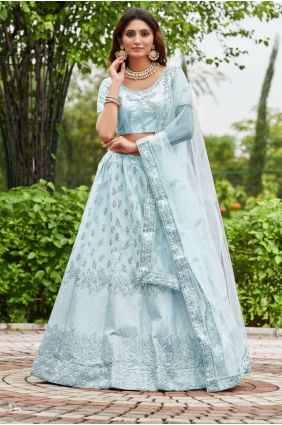 Satin Sky blue Lehenga Choli in Embroidered LC7561