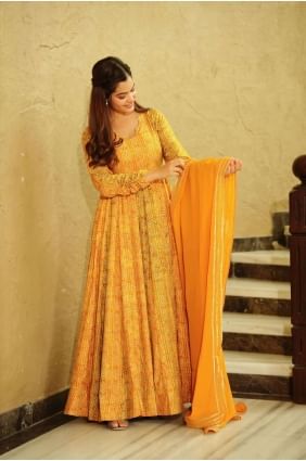 Digital print Georgette Yellow Gown Dress with Dupatta GW0704