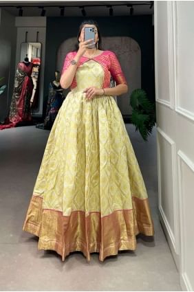 Cream Gown Dress with Weaving Jacquard silk GW0706