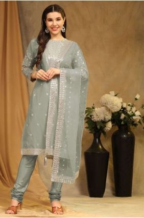 Embroidered Faux georgette Straight Pant Suit in Pista  with Dupatta SK153876
