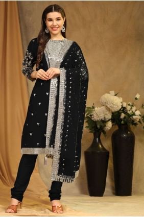Faux georgette Straight Pant Suit in Black with Embroidered SK153877