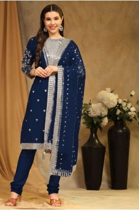 Blue Straight Pant Suit in Embroidered Faux georgette SK153879