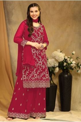Red Embroidered Palazzo Suit in Georgette PZ3852