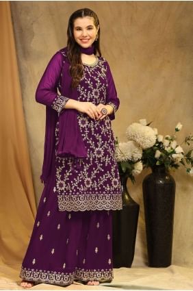 Purple Palazzo Suit in Embroidered Georgette PZ3854
