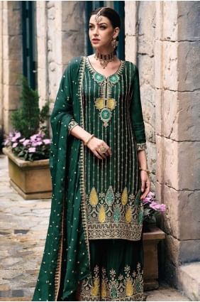 Embroidered Chiffon Green Palazzo Suit with Dupatta PZ3858
