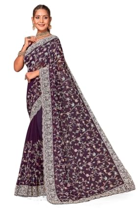 Purple  Saree in Embroidered Georgette SR25972