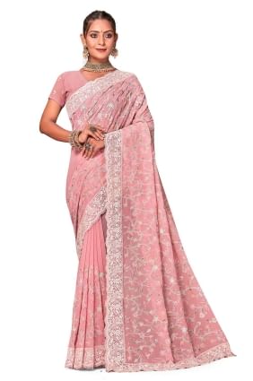 Georgette Saree with Embroidered  Peach SR25975