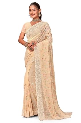 Georgette Lemon yellow  Saree in Embroidered SR25976