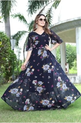 Printed Gown Dress in Navy blue  Georgette GW0711
