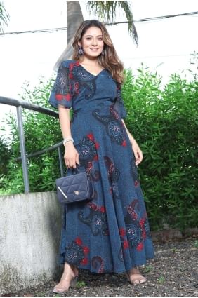 Printed Georgette Gown Dress in Teal blue GW0714