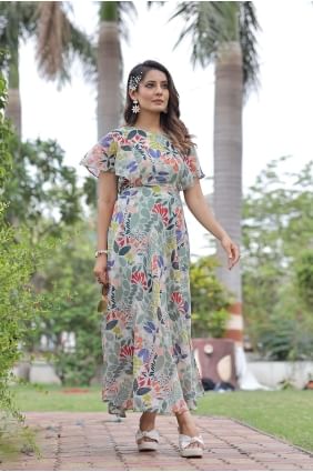 Printed Georgette Gown Dress in Multicolor GW0720