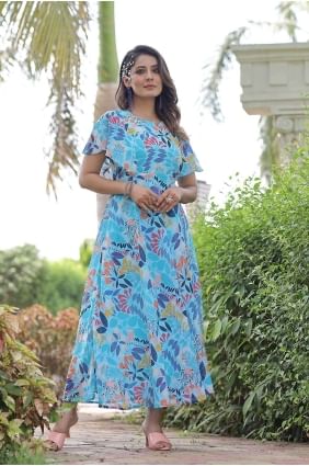 Georgette Gown Dress with Printed in Sky blue GW0722