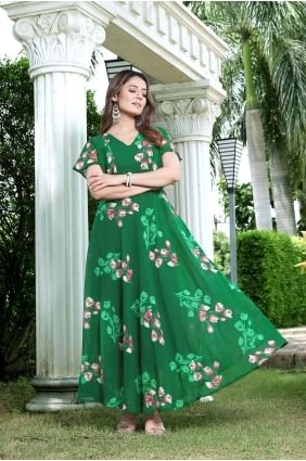Printed Georgette Green Gown Dress with Dupatta GW0724
