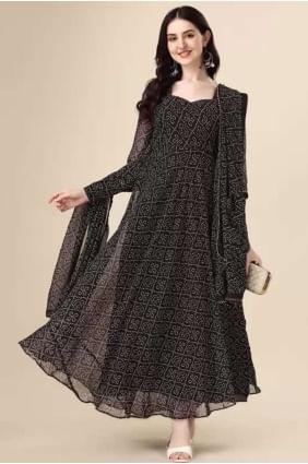 Printed Georgette Gown Dress in Black GW0727