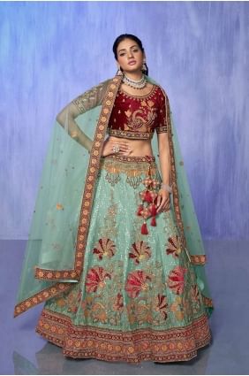 Turquoise  Lehenga Choli with Embroidered Velvet LC7580