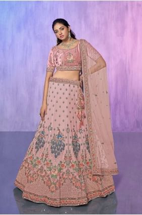 Lehenga Choli in Peach Velvet with Embroidered LC7595
