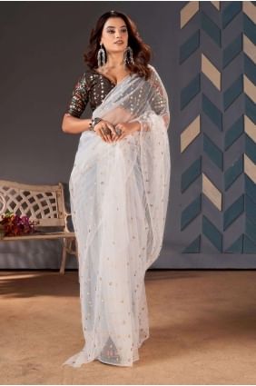 Net Saree in White with Sequins SR26157