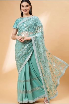 Aqua green  Hand,sequins,embroidered Saree in Lycra SR26162